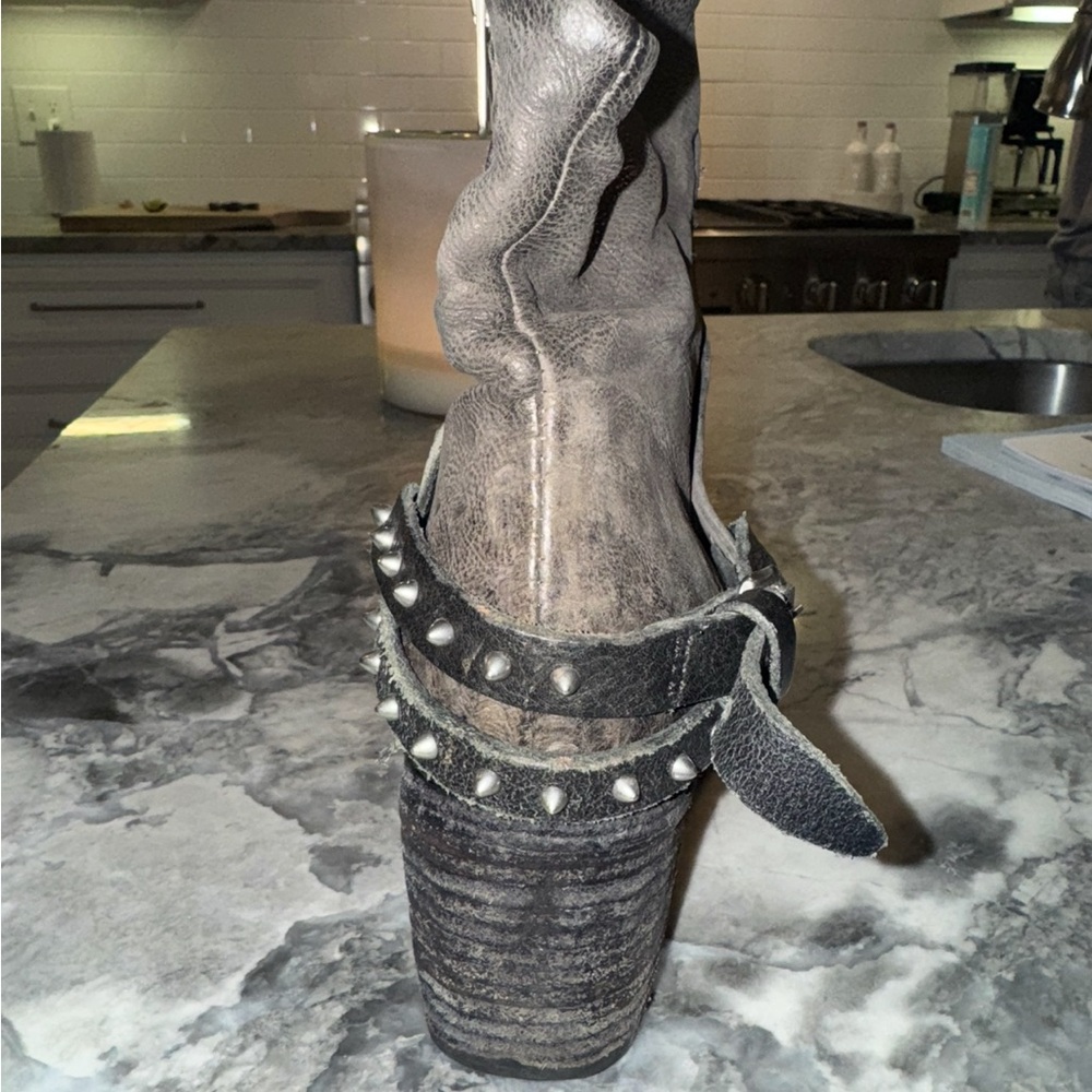 A.S.98 Distressed Leather Gray Ankle Boots with Studded Strap - Picture 12 of 12
